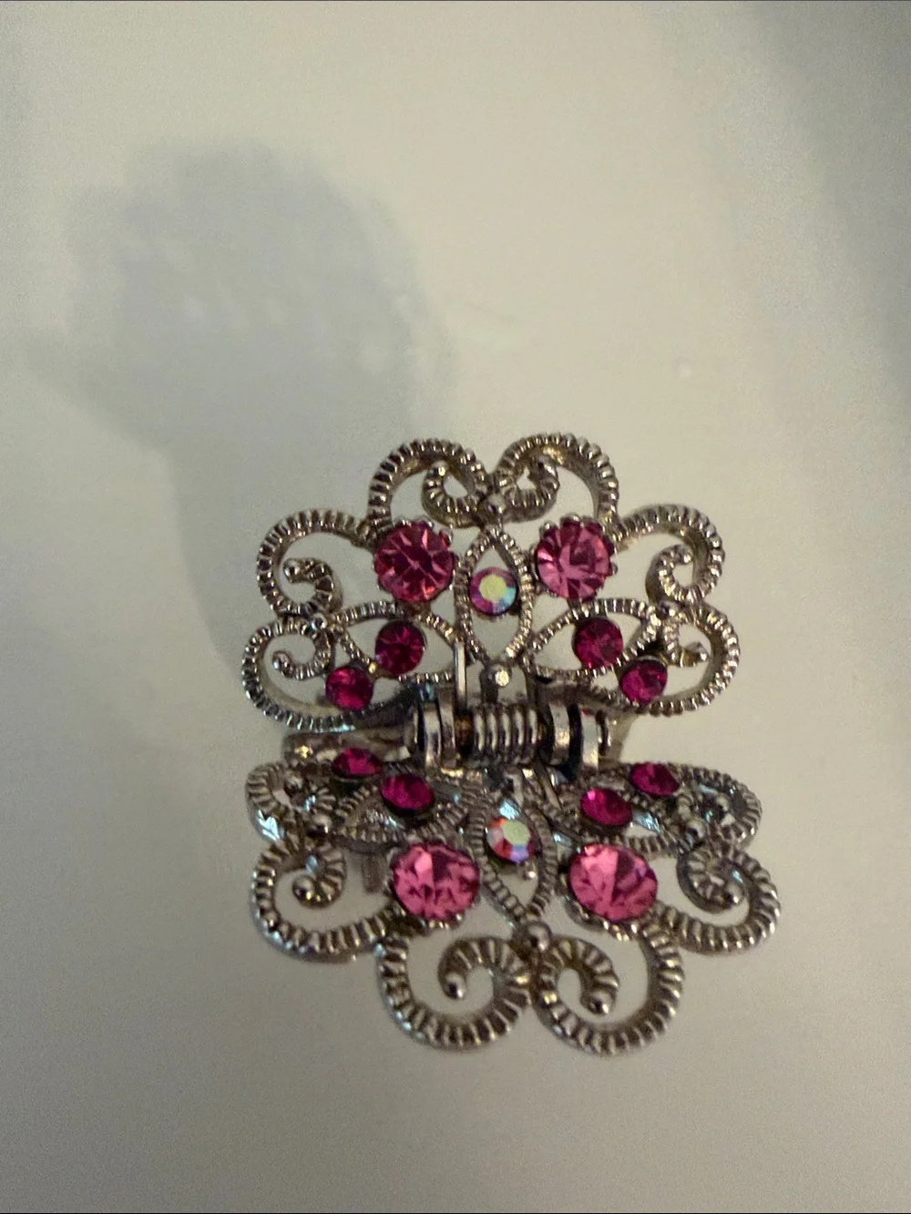 Ornate Silver-Tone Hair Clip/claw with Pink Crystal Accents. Like a butterfly.